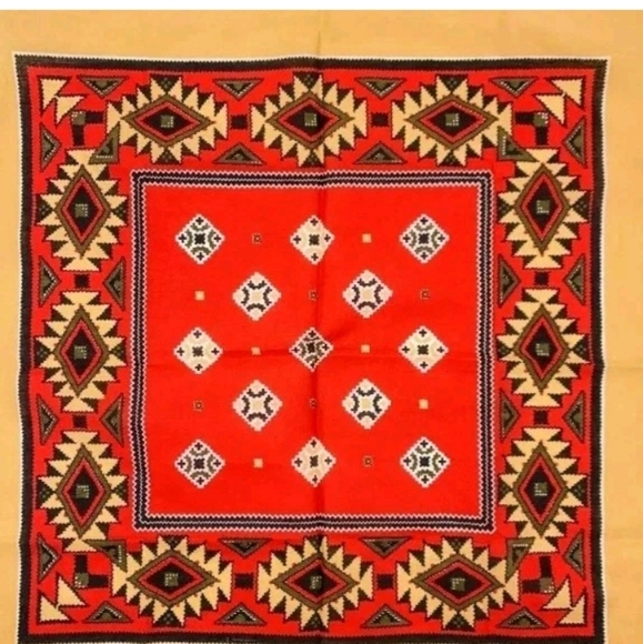 VTG NEW Crisp Aztec Native Scarf Handkerchief/Bandana/ Red/White/Mustard 21"x21" - Picture 8 of 8